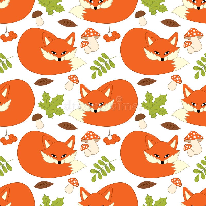 Sömlös modell för vektor med gulliga rävar, champinjoner, bär och sidor Forest Fox Seamless Pattern royaltyfri illustrationer Sömlös modell för vektor med gulliga rävar, champinjoner, bär och sidor Forest Fox Seamless Pattern royaltyfri illustrationer