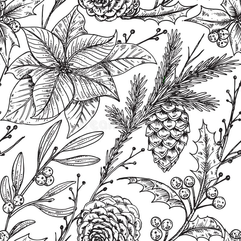 Sömlös modell för vektor med hand drog vinterväxter stock illustrationer Sömlös modell för vektor med hand drog vinterväxter stock illustrationer