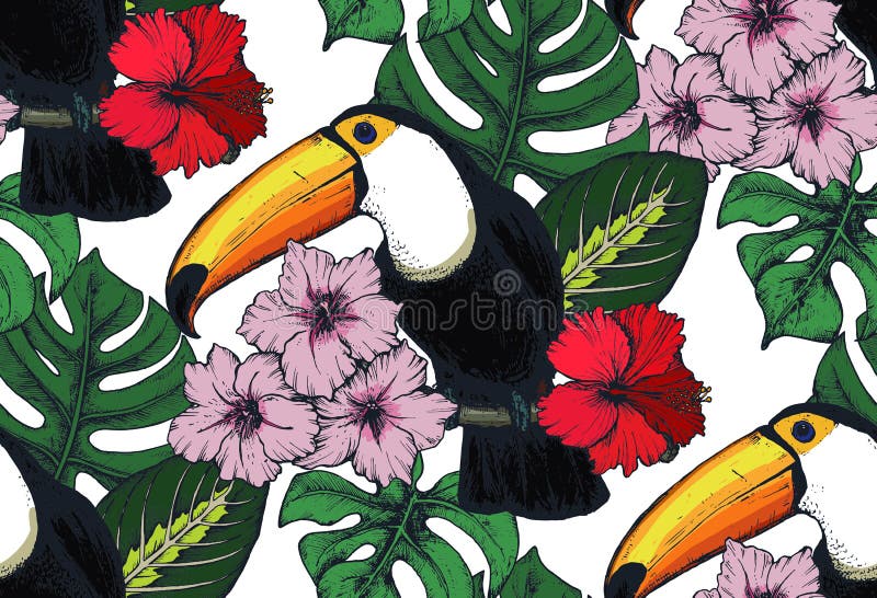 Sömlös modell för vektor med sammansättningar av hand drog tropiska blommor och exotiska fåglar royaltyfri illustrationer Sömlös modell för vektor med sammansättningar av hand drog tropiska blommor och exotiska fåglar royaltyfri illustrationer