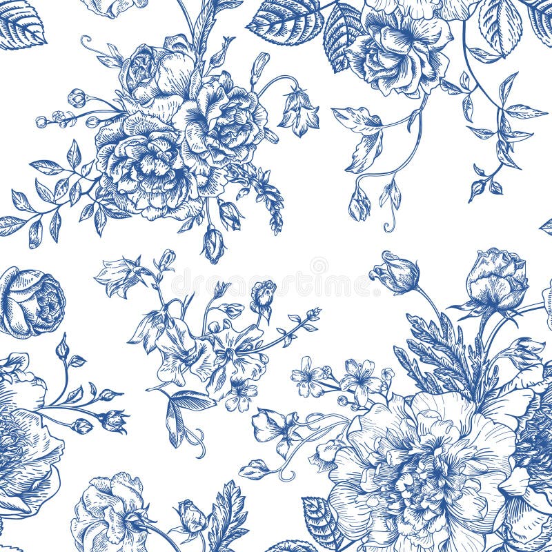 Sömlös modell med buketten av blommor stock illustrationer