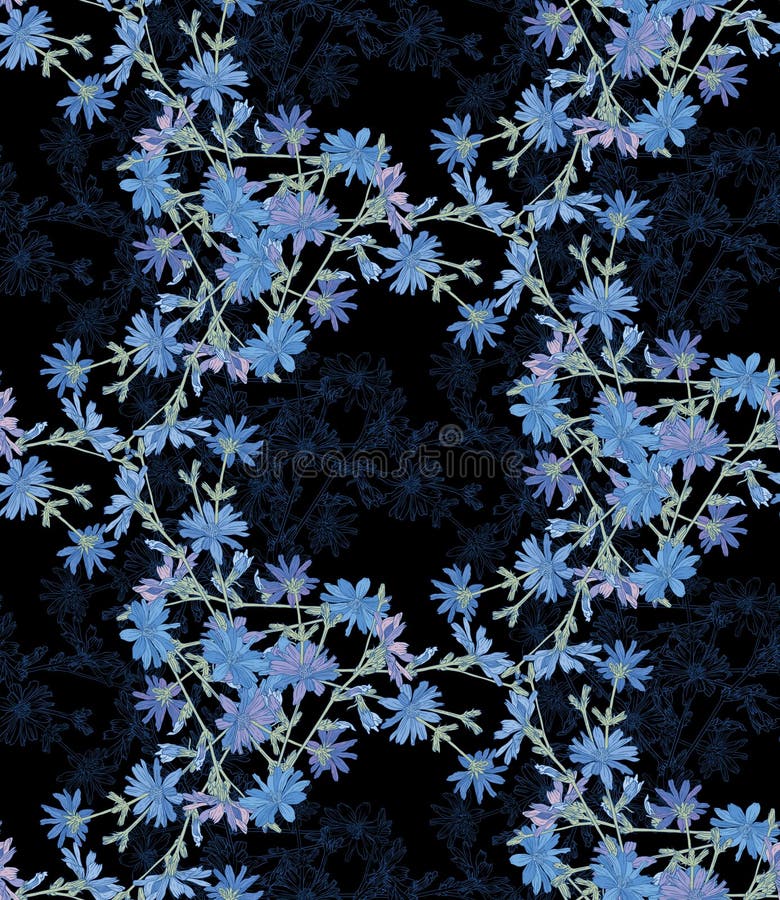 Sömlös modell med cikorien Rund kalejdoskop av blommor och blom- beståndsdelar arkivbild Sömlös modell med cikorien Rund kalejdoskop av blommor och blom- beståndsdelar arkivbild