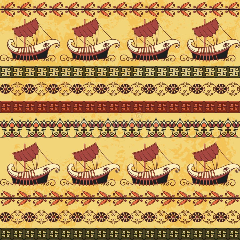 Sömlös modell med den gammalgrekiskaskepp och prydnaden Traditionell etnisk bakgrund vektor illustrationer Sömlös modell med den gammalgrekiskaskepp och prydnaden Traditionell etnisk bakgrund vektor illustrationer