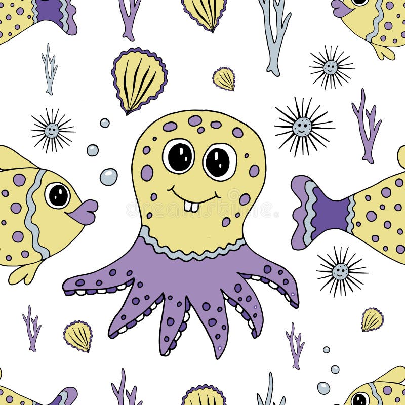 Sömlös modell med den tecknad filmfisken och bläckfisken vektor illustrationer Sömlös modell med den tecknad filmfisken och bläckfisken vektor illustrationer