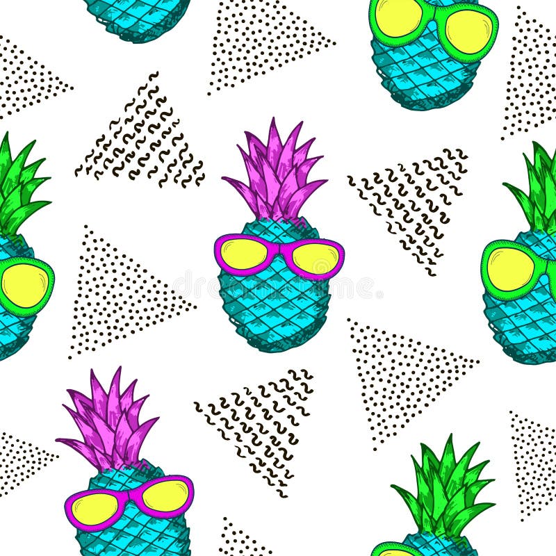 Sömlös modell med färgrika ananors och svarta trianglar stock illustrationer Sömlös modell med färgrika ananors och svarta trianglar stock illustrationer
