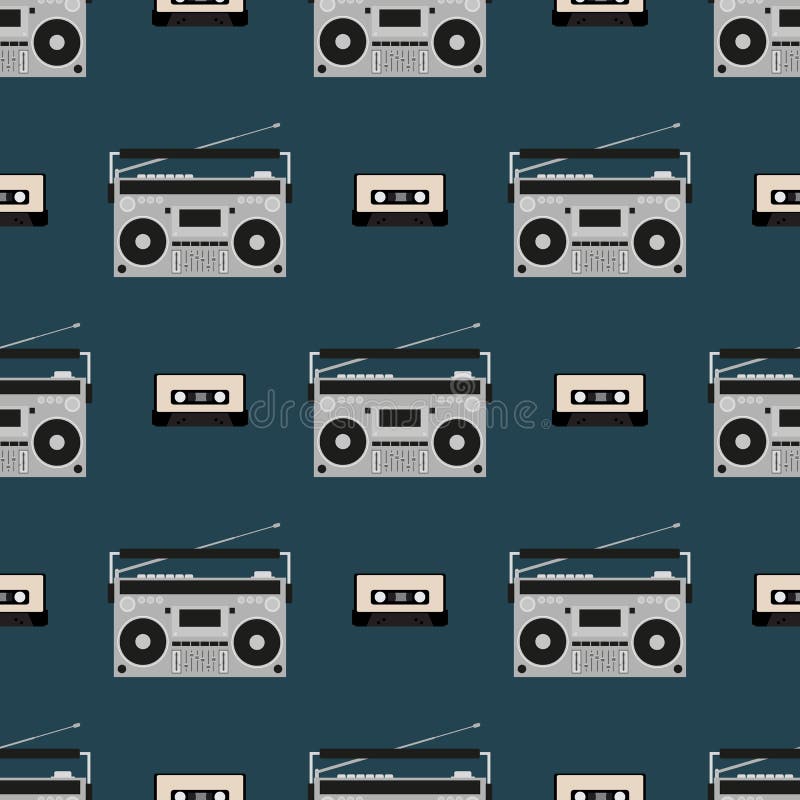 S?ml?s modell med gamla boomboxes och bandkassetter Tappningmusiktryck retro vektor f?r illustration royaltyfri illustrationer S?ml?s modell med gamla boomboxes och bandkassetter Tappningmusiktryck retro vektor f?r illustration royaltyfri illustrationer