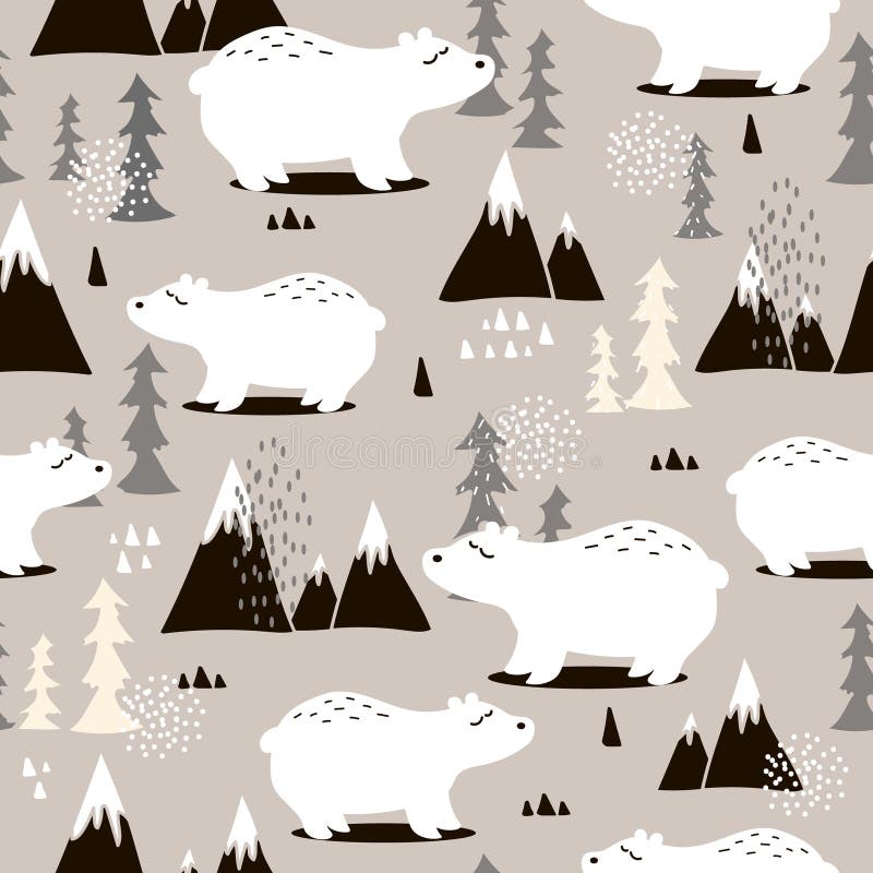 Sömlös modell med gulliga björnar, gran-träd, berg royaltyfri illustrationer Sömlös modell med gulliga björnar, gran-träd, berg royaltyfri illustrationer