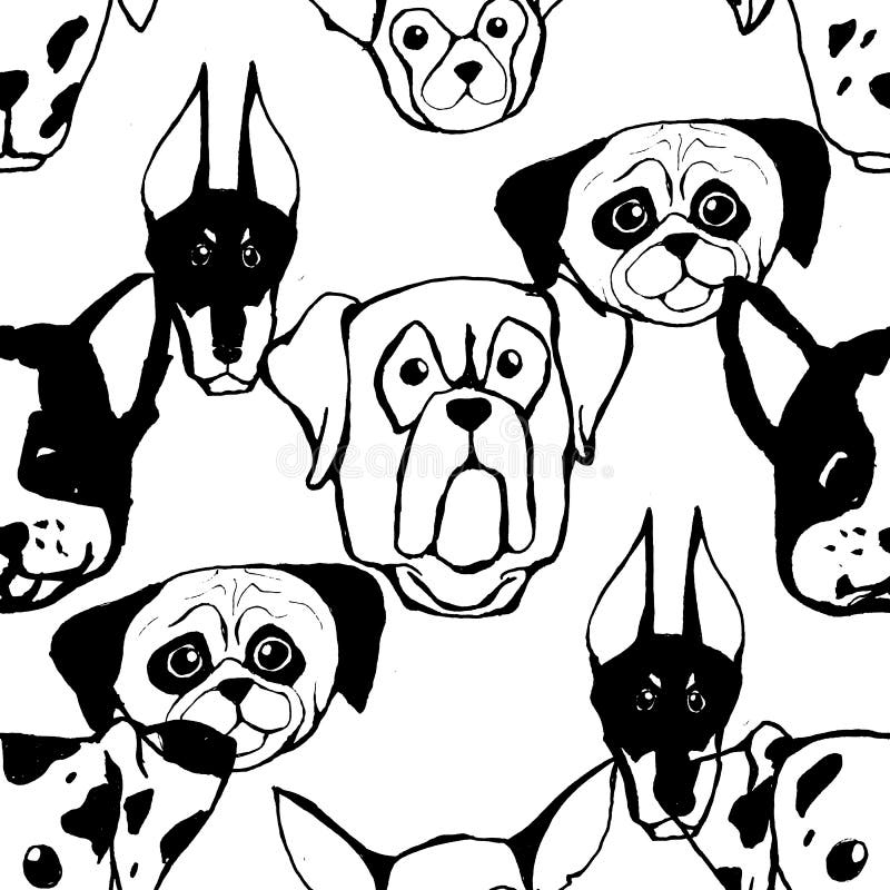 Sömlös modell med hundavel Bulldogg skrovlig alaskabo Malamute, apportör, Doberman, pudel, mops, Shar Pei vektor illustrationer Sömlös modell med hundavel Bulldogg skrovlig alaskabo Malamute, apportör, Doberman, pudel, mops, Shar Pei vektor illustrationer