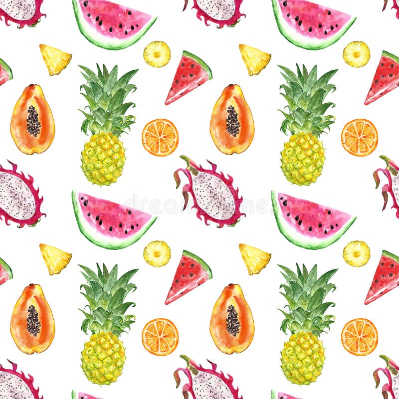 Sömlös modell med isolerade exotiska frukter för vattenfärgsommar - vattenmelonskiva, ananas, papaya, drakefrukt arkivbild