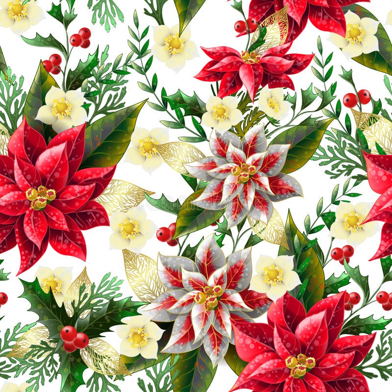 Sömlös modell med julblommor Vektor vektor illustrationer