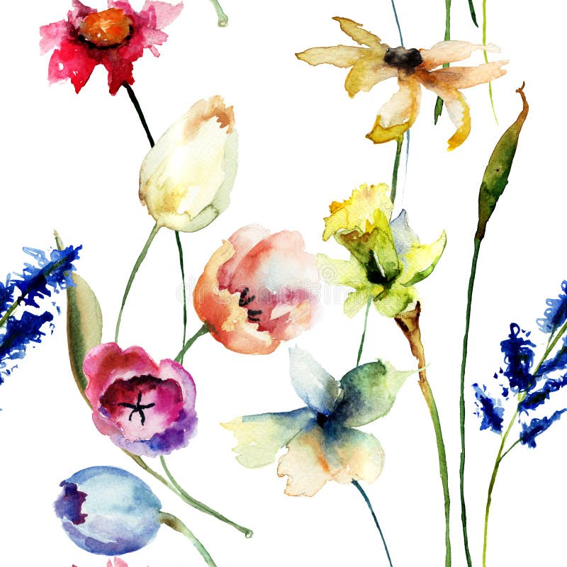 Seamless pattern with wild flowers, watercolor illustration. Seamless pattern with wild flowers, watercolor illustration
