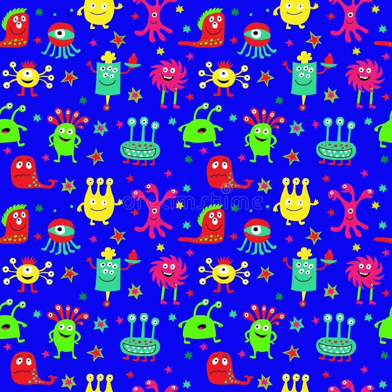 Sömlös modell med målade gulliga monster och stjärnor stock illustrationer Sömlös modell med målade gulliga monster och stjärnor stock illustrationer