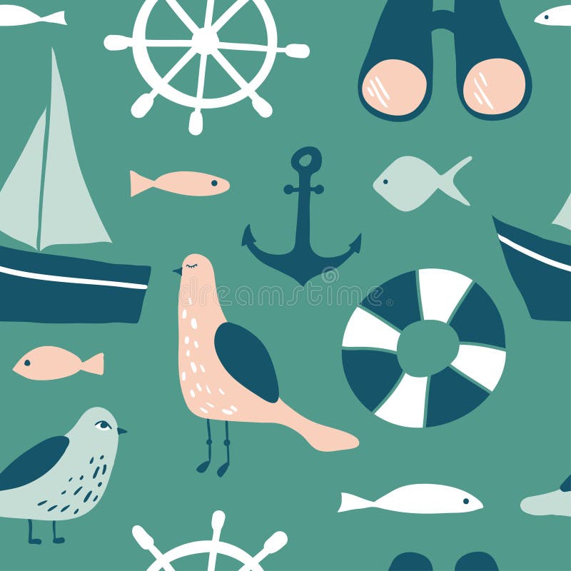 Sömlös modell med nautiska designbeståndsdelar stock illustrationer Sömlös modell med nautiska designbeståndsdelar stock illustrationer