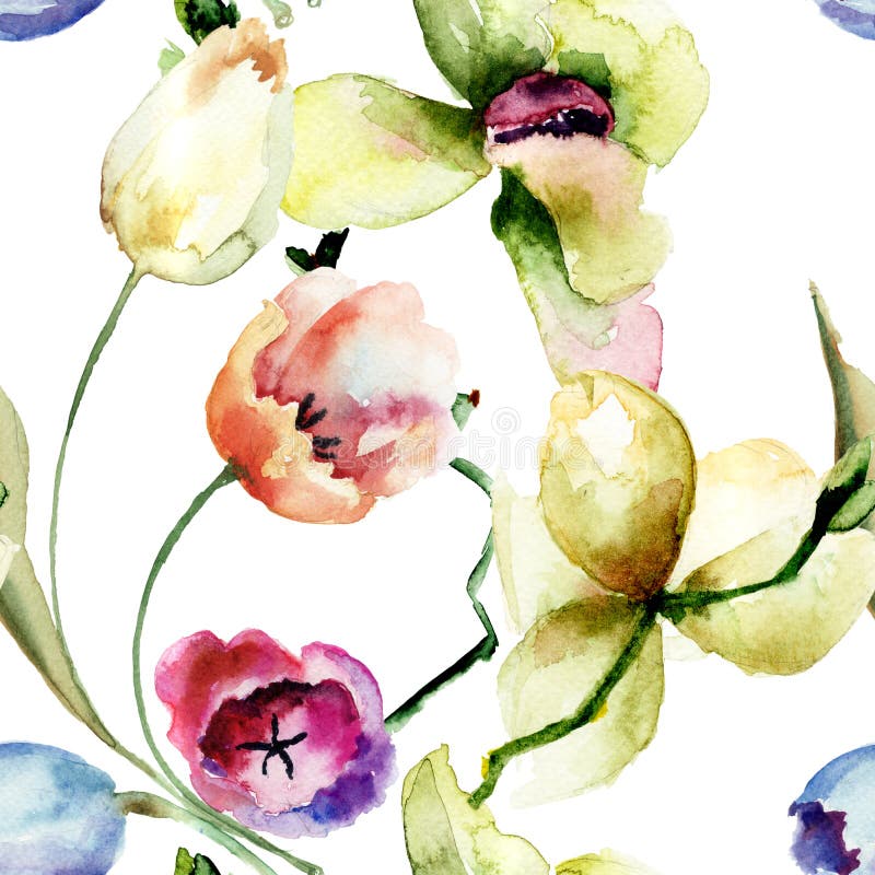 Seamless pattern with Orchid and Tulips flowers, watercolor illustration. Seamless pattern with Orchid and Tulips flowers, watercolor illustration