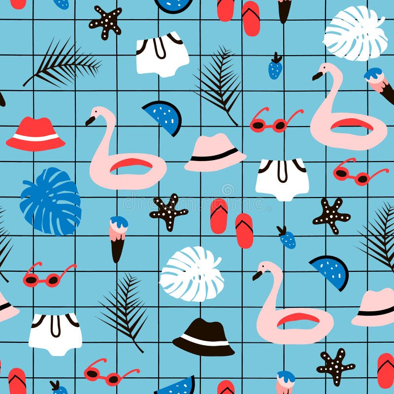 Sömlös modell med sommarbeståndsdelar Idérik textur med palmträdet, flamingosimningcirkel, hatt, solglasögon royaltyfri illustrationer Sömlös modell med sommarbeståndsdelar Idérik textur med palmträdet, flamingosimningcirkel, hatt, solglasögon royaltyfri illustrationer