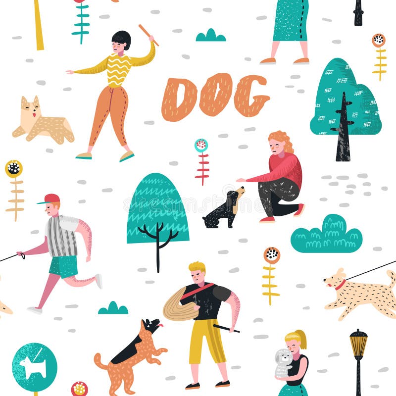 Sömlös modell med utbildande hundkapplöpning för folk i parkera Tecken som utanför går med husdjurbakgrund stock illustrationer Sömlös modell med utbildande hundkapplöpning för folk i parkera Tecken som utanför går med husdjurbakgrund stock illustrationer