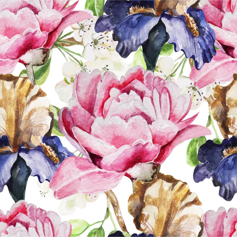Sömlös modell med vattenfärgblommor iris royaltyfri illustrationer