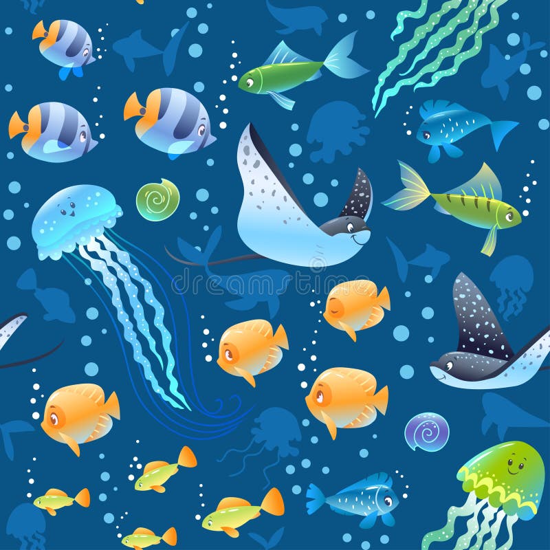 Sömlös modellbakgrund för hav med den härliga tecknad filmfisken, sköldpaddan och annat simma som är undervattens- Kyla tapeten stock illustrationer Sömlös modellbakgrund för hav med den härliga tecknad filmfisken, sköldpaddan och annat simma som är undervattens- Kyla tapeten stock illustrationer