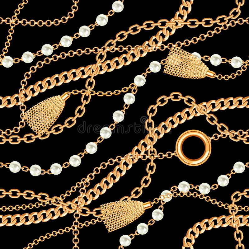 Sömlös modellbakgrund med pärlor, tofsen och den guld- metalliska halsbandet för kedjor p? Black ocks? vektor f? r coreldrawillust royaltyfri illustrationer