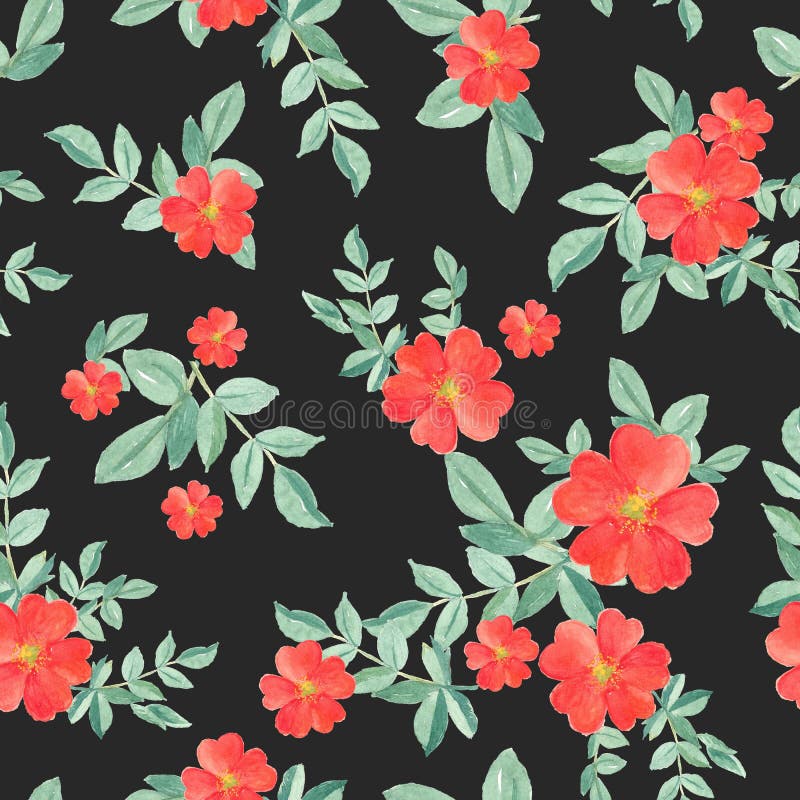 Sömlös modellvattenfärg av den röda rosen och gröna sidor på svart, hand målad växtillustration för modetextil royaltyfri illustrationer Sömlös modellvattenfärg av den röda rosen och gröna sidor på svart, hand målad växtillustration för modetextil royaltyfri illustrationer