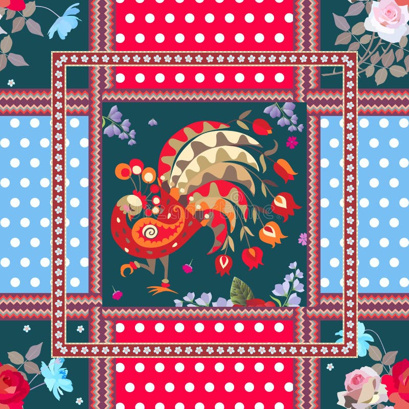 Sömlös patchworkmodell med den felika påfågeln, buketter av rosor och kosmosblommor, prickbakgrund och dekorativa ramar vektor illustrationer Sömlös patchworkmodell med den felika påfågeln, buketter av rosor och kosmosblommor, prickbakgrund och dekorativa ramar vektor illustrationer