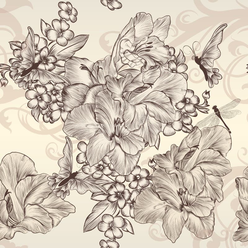 Sömlös tapet för härlig vektor med blommor i tappningstyl royaltyfri illustrationer Sömlös tapet för härlig vektor med blommor i tappningstyl royaltyfri illustrationer