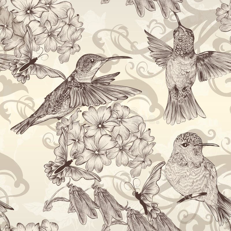 Sömlös tapet för härlig vektor med humingbirds i tappning royaltyfri illustrationer