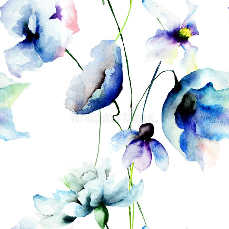 Seamless wallpaper with blue flowers, watercolor illustration. Seamless wallpaper with blue flowers, watercolor illustration