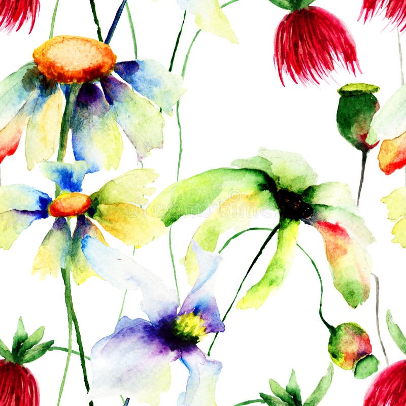 Seamless wallpaper with wild flowers, watercolor illustration. Seamless wallpaper with wild flowers, watercolor illustration