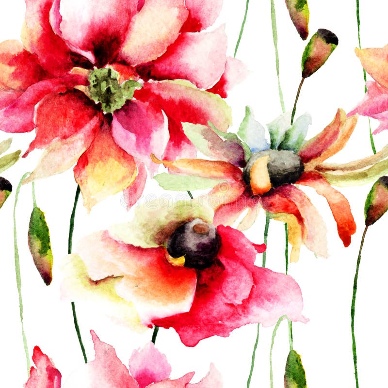 Seamless wallpaper with wild flowers, watercolor illustration. Seamless wallpaper with wild flowers, watercolor illustration