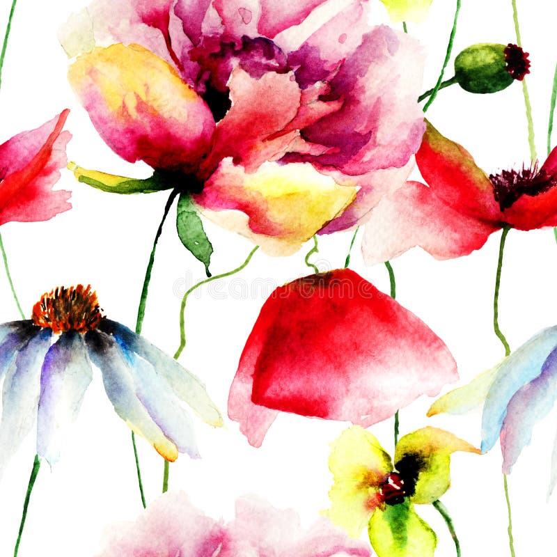 Seamless wallpaper with wild flowers, watercolor illustration. Seamless wallpaper with wild flowers, watercolor illustration