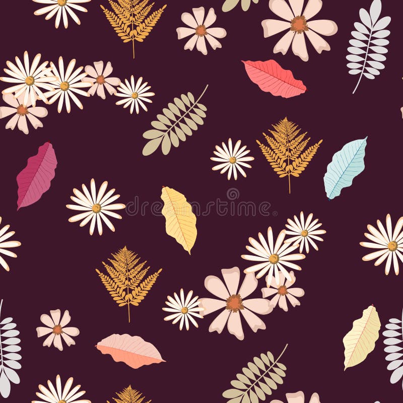 Sömlös tappningbakgrundsmodell med höstsidor, blommor, ormbunken och örter stock illustrationer Sömlös tappningbakgrundsmodell med höstsidor, blommor, ormbunken och örter stock illustrationer