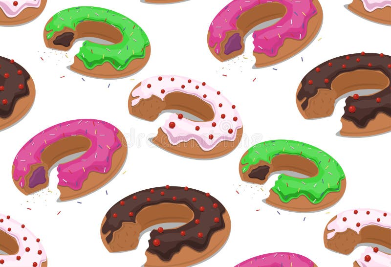 Sömlös textur med donuts för en tugga in i glasyren och gruset stock illustrationer Sömlös textur med donuts för en tugga in i glasyren och gruset stock illustrationer