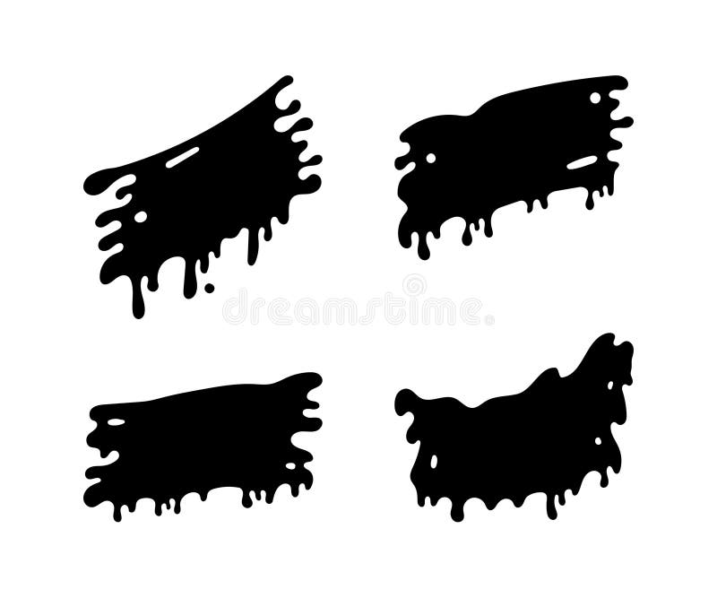 Sömlös uppsättning med svart droppe. flytande svart vätska. Färgdroppar och färgfläckar stock illustrationer