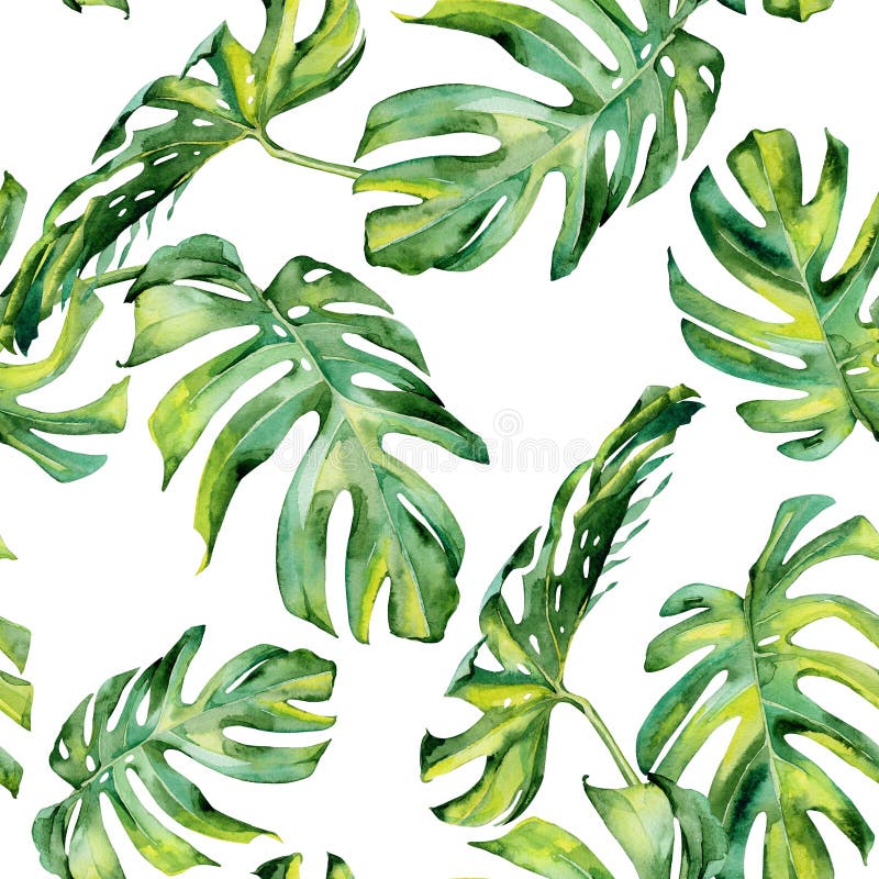 Sömlös vattenfärgillustration av tropiska sidor, tät djungel stock illustrationer Sömlös vattenfärgillustration av tropiska sidor, tät djungel stock illustrationer