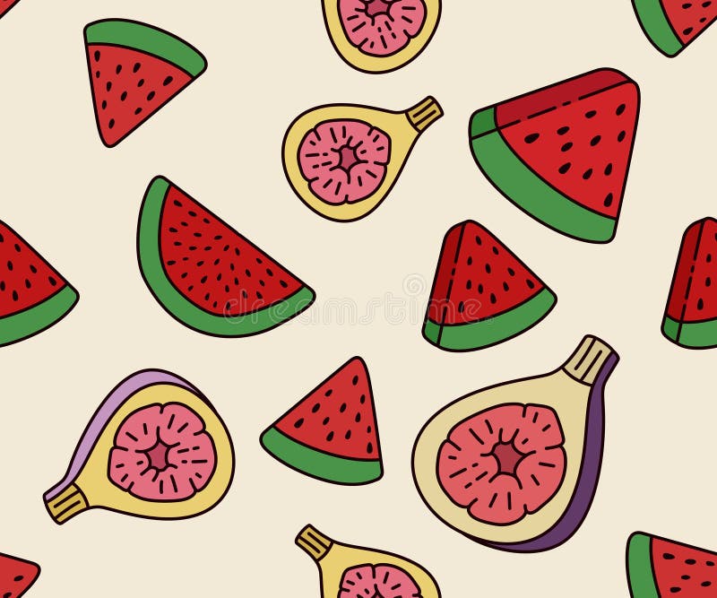 Sömlös Vector Illustration of Fresh Fig and Watermelon Slices for a Healthy and Refshing Summer Snack. Kan användas som vektor illustrationer