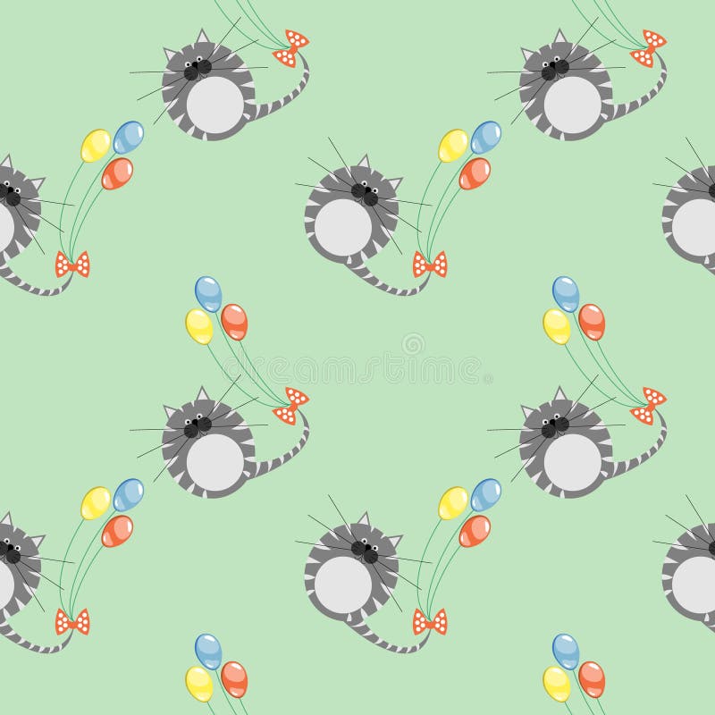 Sömlös vektormodell med djur Gullig bakgrund med gråa katter och färgrika ballonger på den gröna bakgrunden vektor illustrationer Sömlös vektormodell med djur Gullig bakgrund med gråa katter och färgrika ballonger på den gröna bakgrunden vektor illustrationer