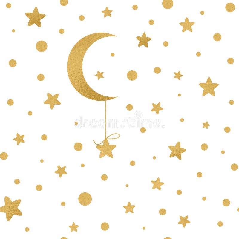 Sömlös vektormodell med guld- stjärnor, måne på vit vektor illustrationer Sömlös vektormodell med guld- stjärnor, måne på vit vektor illustrationer