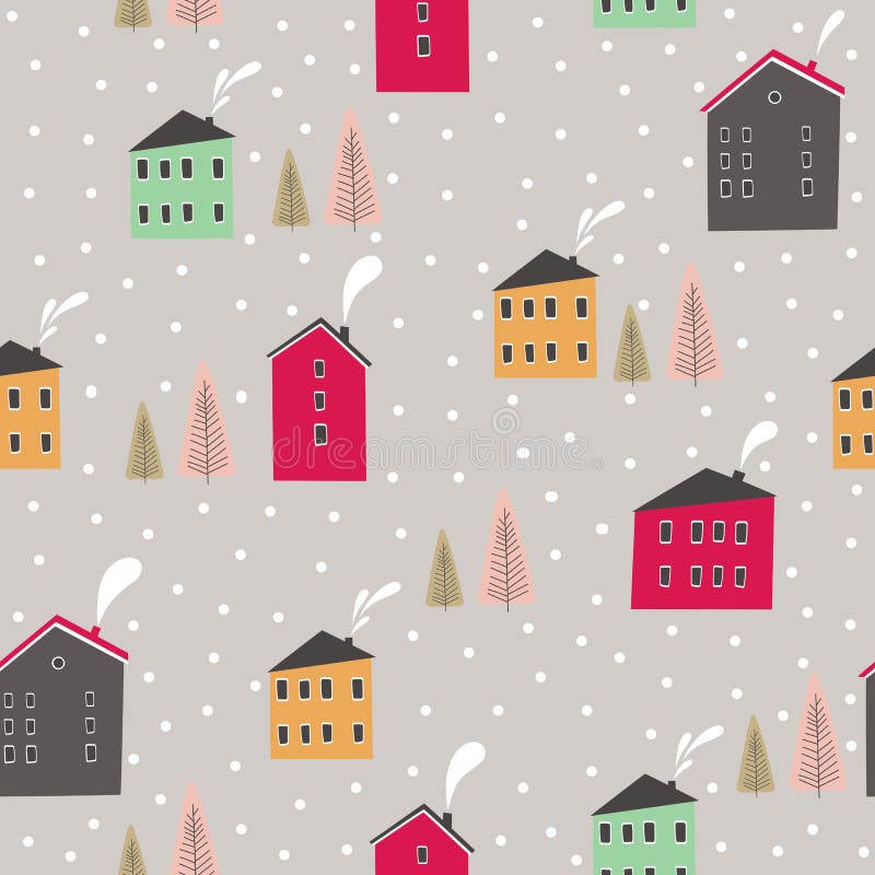 Sömlös vintermodell med träd och scandinavian hus vektor illustrationer Sömlös vintermodell med träd och scandinavian hus vektor illustrationer