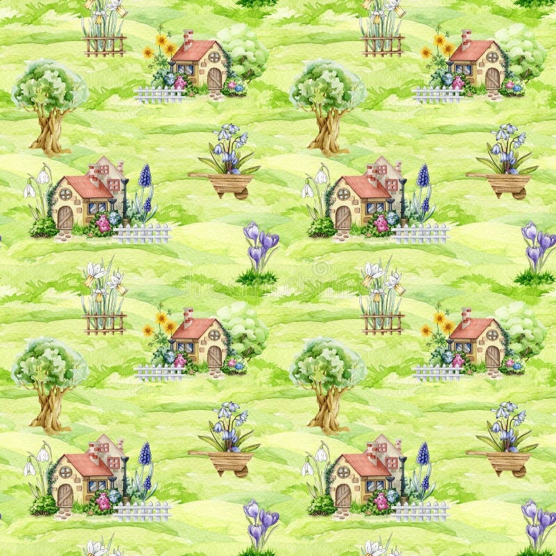 Sömlösa dekorationselement för Springtime-stämning. Manuell illustration av vattenfärg. Små, söta hus, dekorerade royaltyfria foton