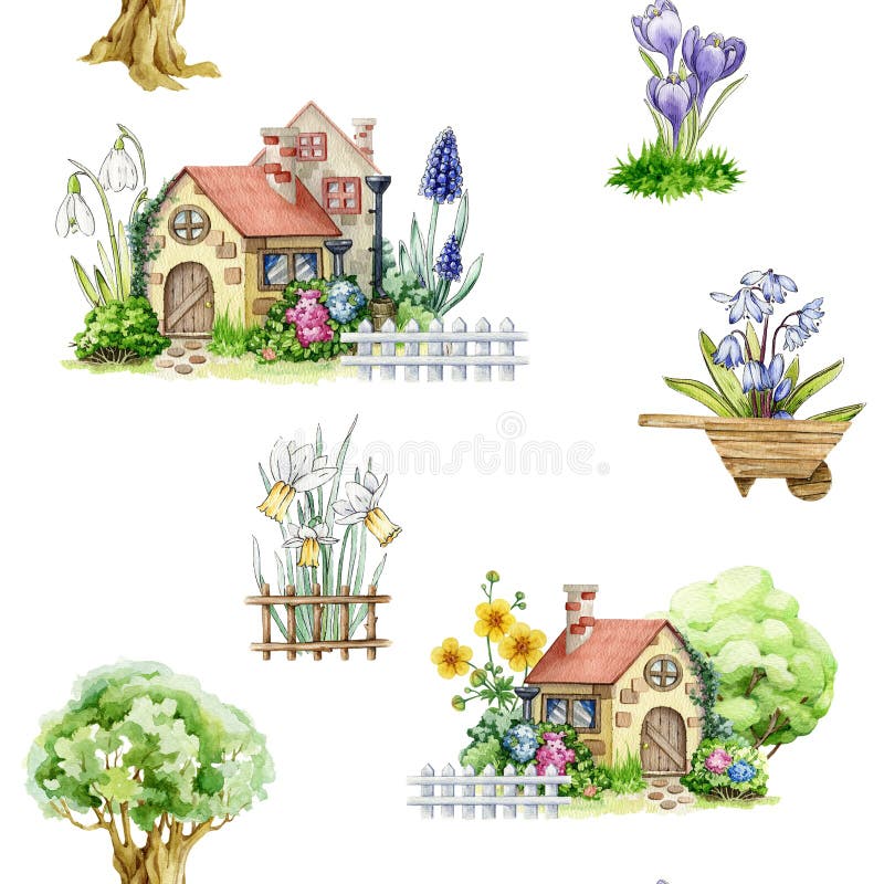 Sömlösa dekorationselement för Springtime-stämning. Manuellt ritad illustration av vattenfärg. Små, söta vintagshus royaltyfri foto
