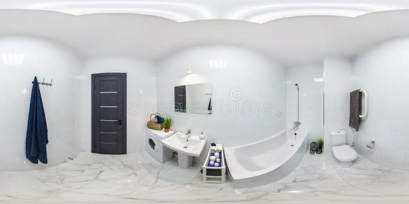 360 sömlösa hdri-panorama-bilder inuti det dyra badrummet i moderna lägenheter med toalett och tvättställ i arkivbild