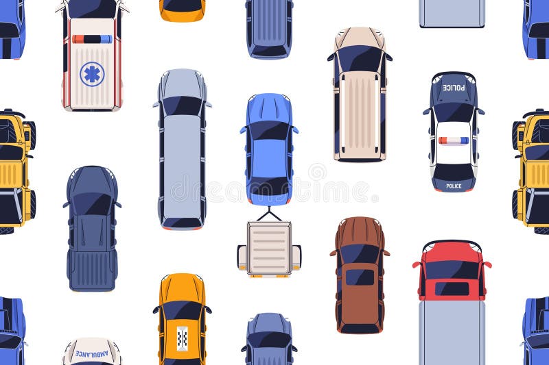 Sömlösa mönster med lastbilar uppifrån och ned. Vägtransport med bil från omkullfri, oändlig bakgrund royaltyfri illustrationer