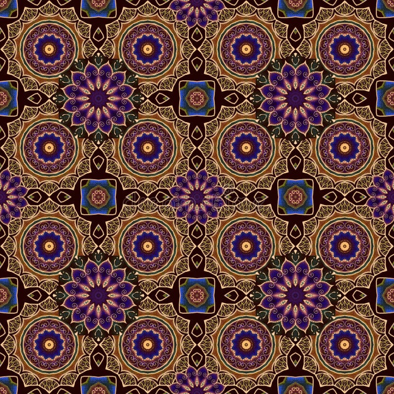 Luxurious seamless ornamental pattern with stylized golden lace, purple mandala flowers and blue quadrangular elements. Great print for fabric in ethnic style. Luxurious seamless ornamental pattern with stylized golden lace, purple mandala flowers and blue quadrangular elements. Great print for fabric in ethnic style