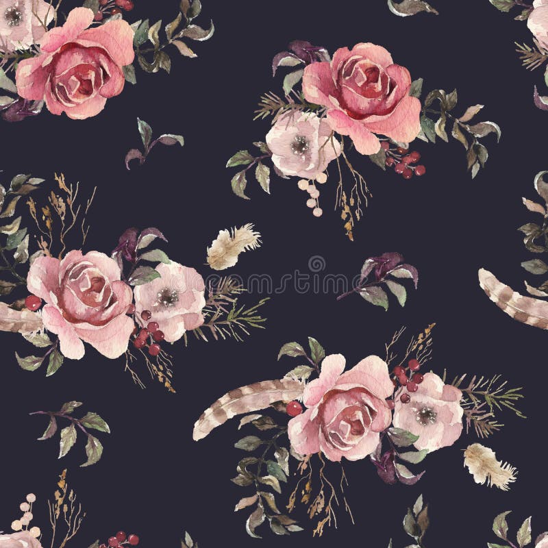 Sömlösa vattenfärgade etniska boho florala mönster - pasta blommor och fjädrar mot mörk svart bakgrund stock illustrationer