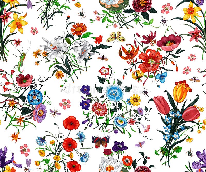 Sömlöst floralt mönster med ljusa, färgade blommor med blad på vit bakgrund Den eleganta mallen för modeavtryck M royaltyfri illustrationer