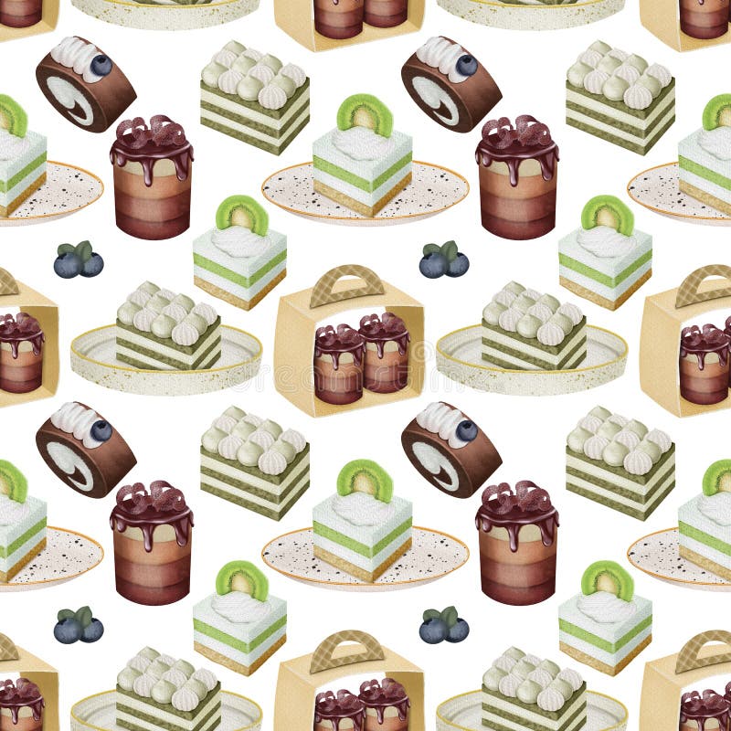 Sömlöst mönster av vattenfärgsestetisk grön- och chokladdesserter stock illustrationer