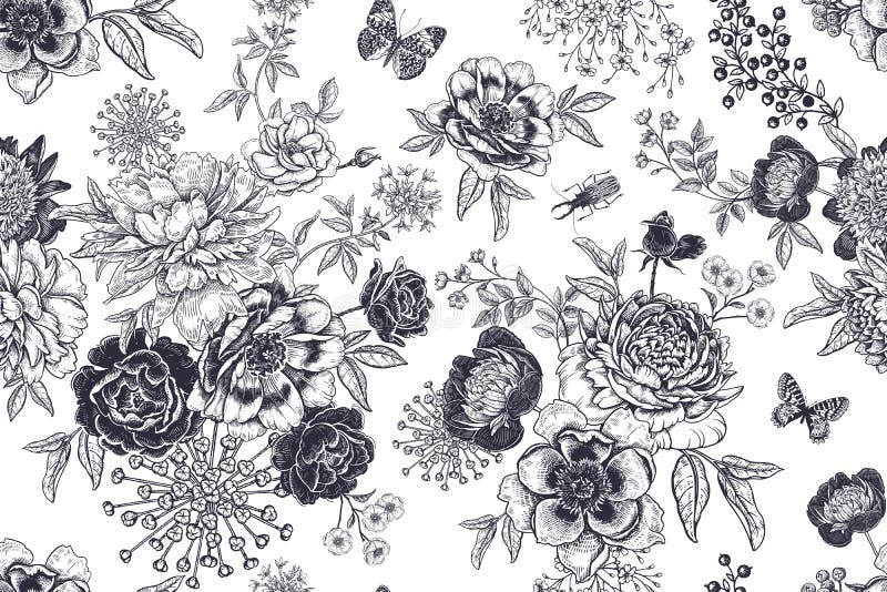 Sömlöst mönster i svart och vitt vetande Blommor, skalbaggar och fjärilar royaltyfri illustrationer