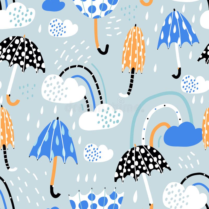 Sömlöst mönster med handdragna paraplyer, regnbåge och vattendroppar. Blått och marint paraplyskt barnsligt tyg vektor illustrationer