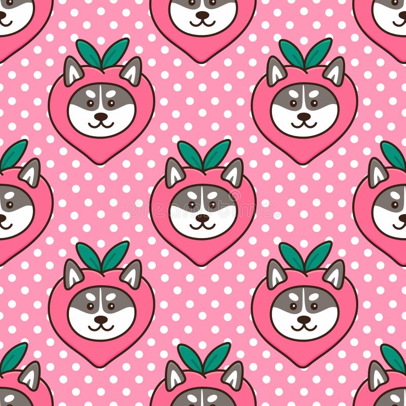 Sömlöst mönster med söt kawaiihund siberian husky i lustigt fruktpersika i kostumfrukten. stock illustrationer