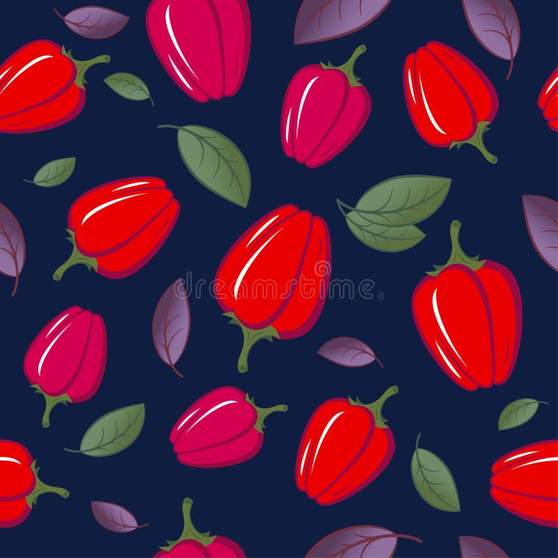 Sömlöst mönster. vackra, ljusröda paprika och basilika blad på en djup blå bakgrund. royaltyfri illustrationer